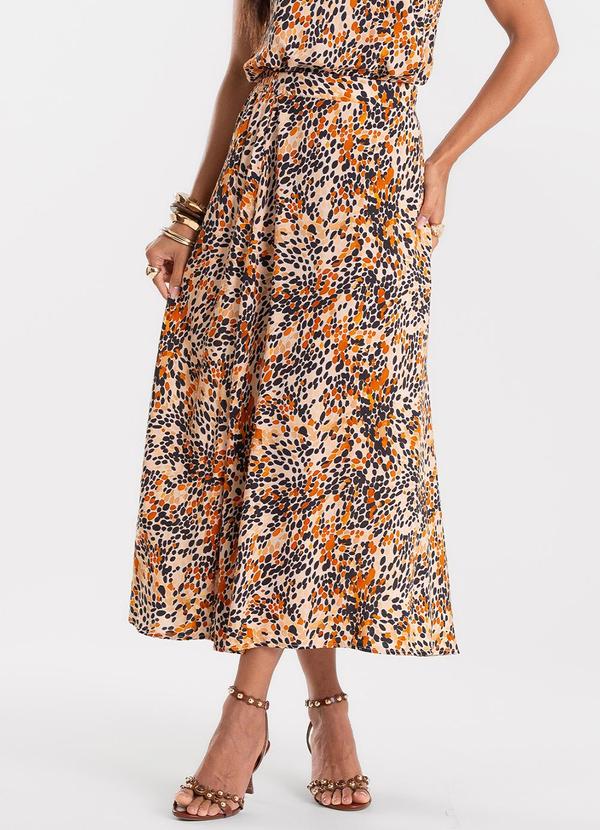 Saia Feminina Midi Viscose Kyhara Estampa Bege