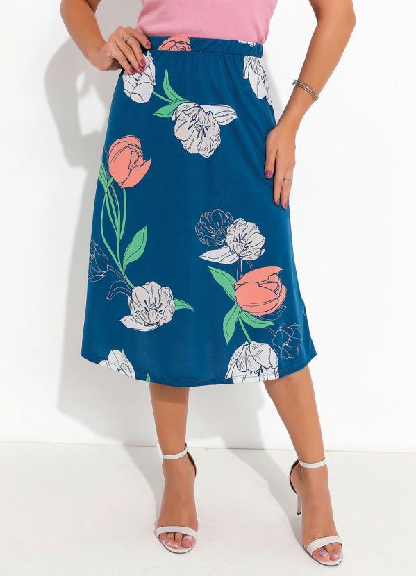 Saia Floral Azul com Bolsos