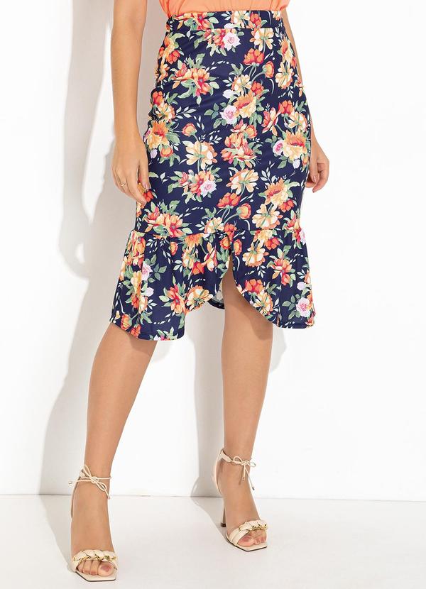 Vista 2 Saia Floral Marinho em Jersey Acetinado Rosalie Rosalie
