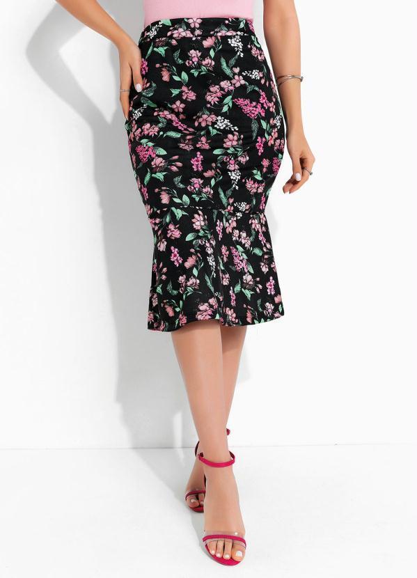 Saia Floral Preto com Babado