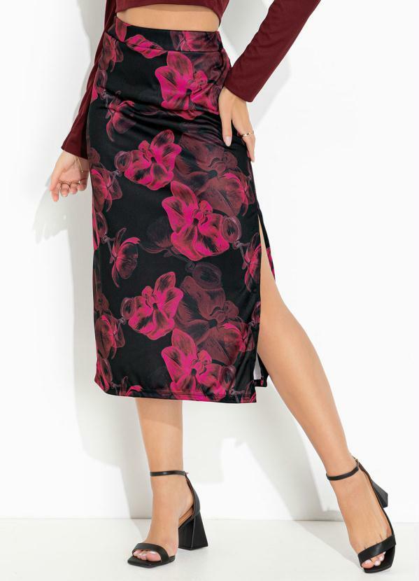 Vista 2 Saia Floral Preto com Fenda e Cintura Alta Moda Pop Moda Pop