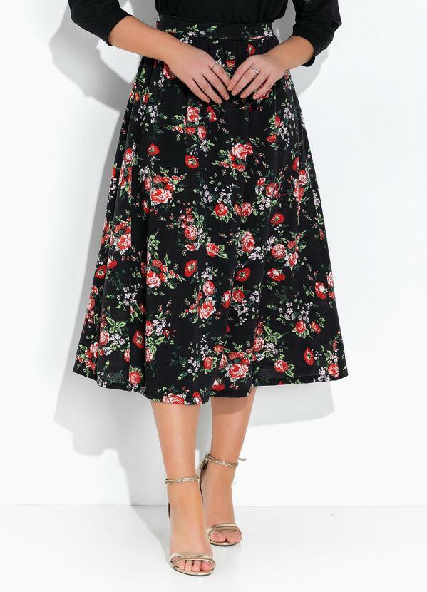 Vista 2 Saia Floral Preto Evasê Rosalie Rosalie