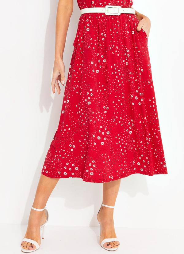 Saia Floral Vermelho em Malha de Viscose
