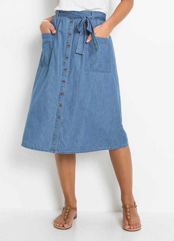 Saia Jeans com Amarração Azul Médio