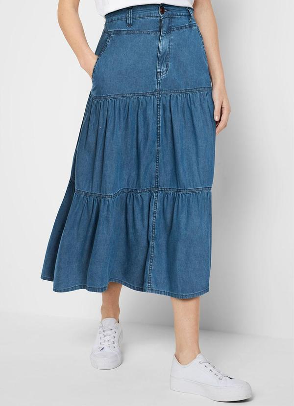 Saia Jeans Médio em Jeans de Algodão.