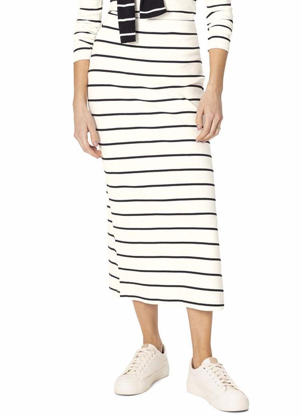 Saia Midi Canelada Listrada com Fenda Off White