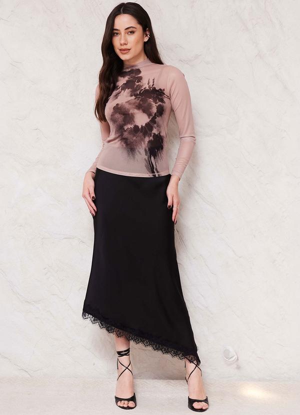 Saia Midi em Cetim com Renda Sunset Preto