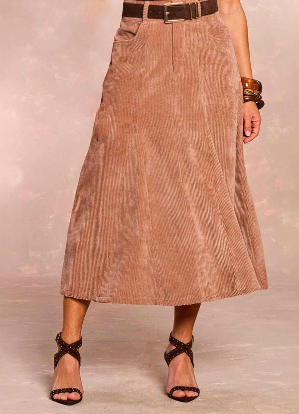 Saia Midi Ethnic Blur em Veludo Cotelê Marrom