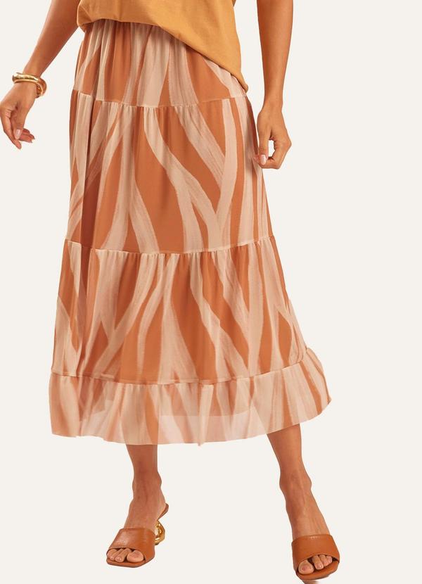 Saia Midi Evasê em Tule Estampado Duna Marrom