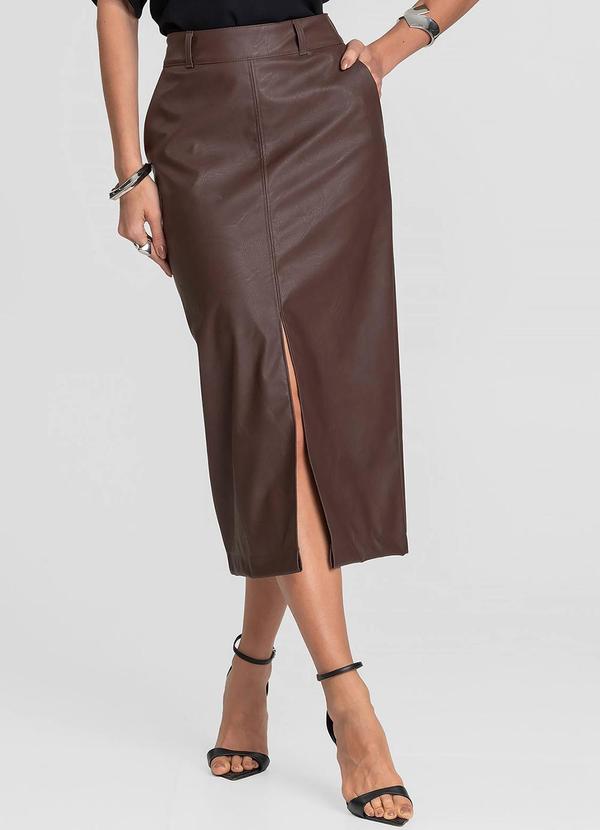 Saia Midi Feminina Courino com Fenda Marrom