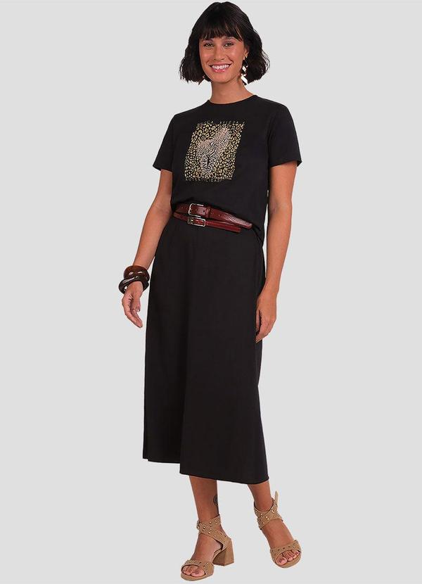 Saia Midi Feminina em Viscose Linho Preto