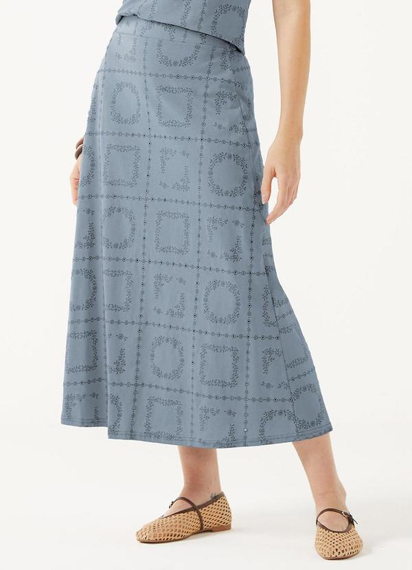 Saia Midi Feminina Floral Devorê Azul