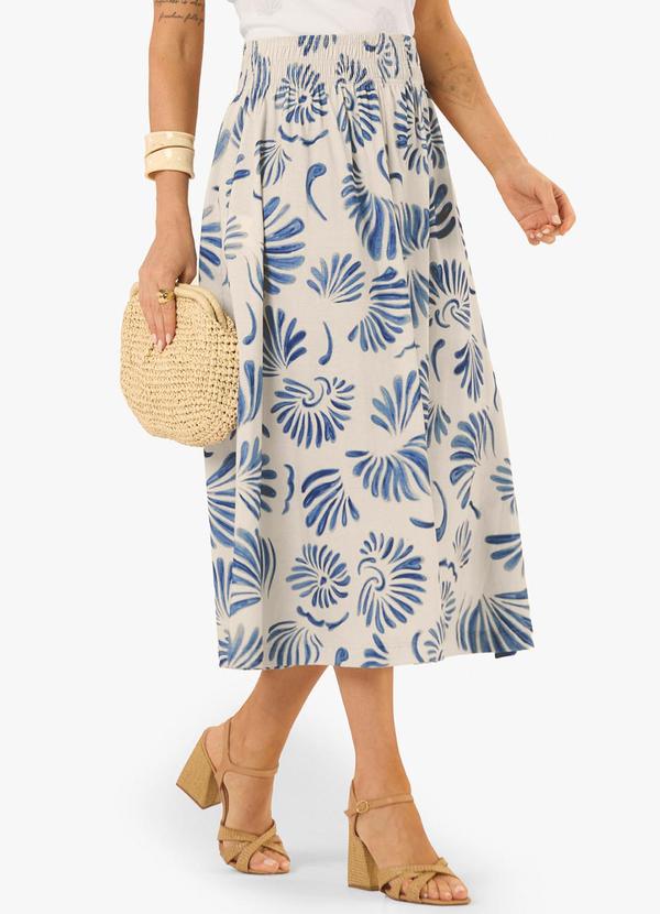 Saia Midi Feminina Meia Malha Estampada Azul