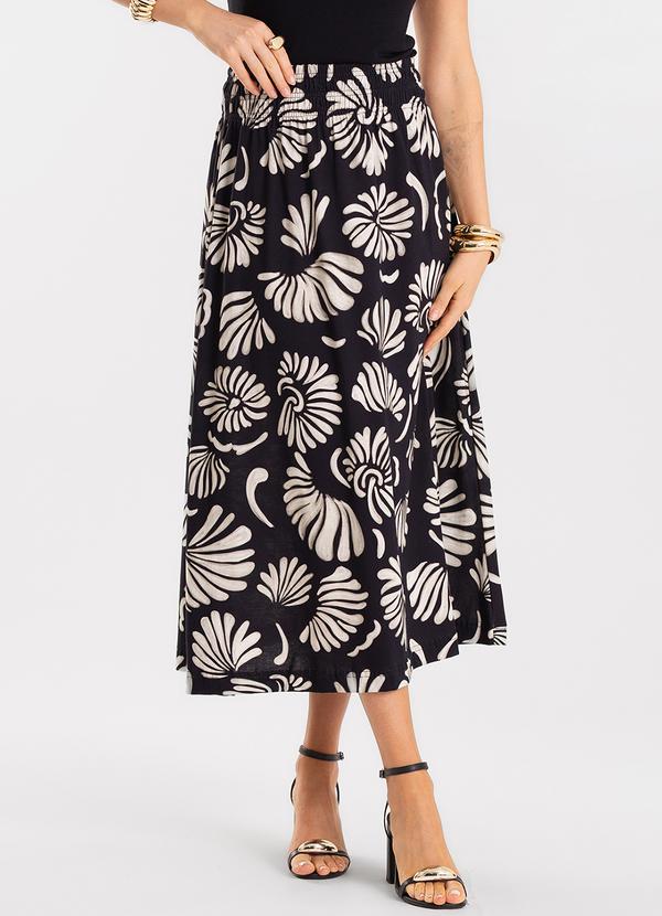 Saia Midi Feminina Meia Malha Estampada Preto