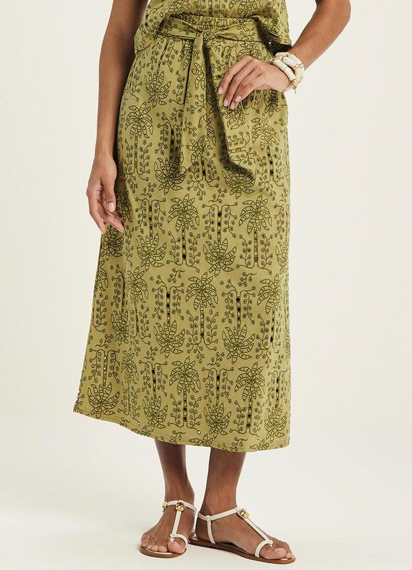 Vista 2 Saia Midi Feminina Tropical Devorê Verde Marialícia Marialícia