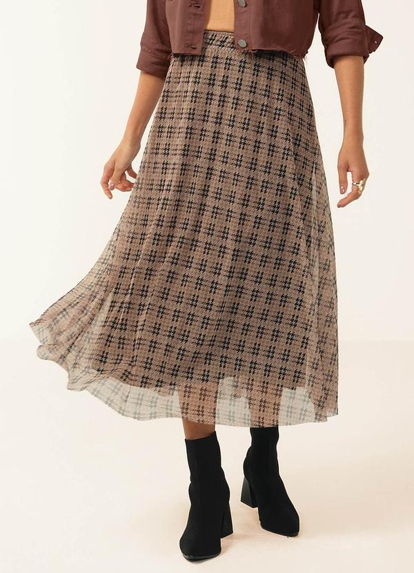 Saia Midi Feminina Tule Pied de Poule Marrom