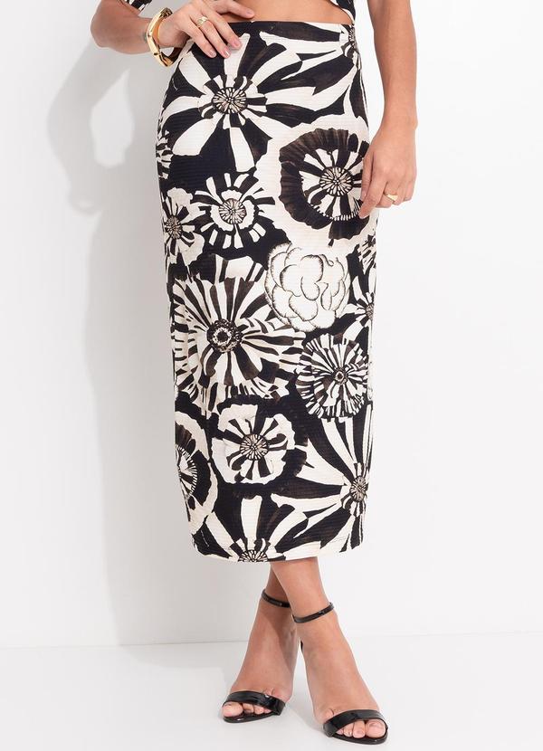 Saia Midi Flora Preto