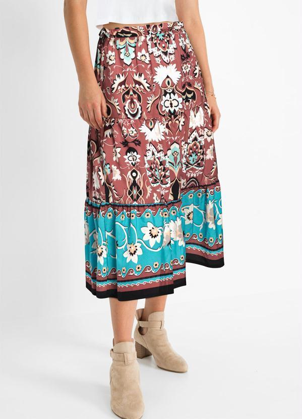 Saia Midi Floral Étnico Bordô