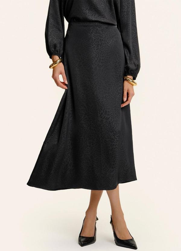 Saia Midi Jacquard Acetinado Onças Preto