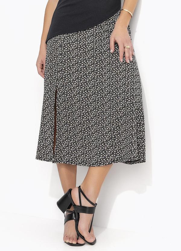 Saia Midi Margaridas com Bolsos e Fenda