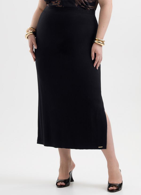 Saia Midi Plus Size em Canelado Preto