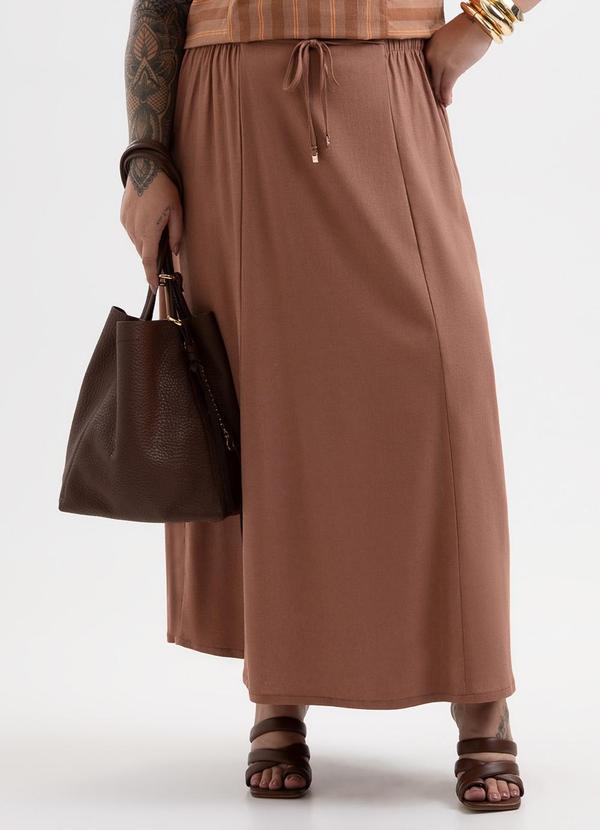 Saia Midi Plus Size em Tecido com Linho Marrom