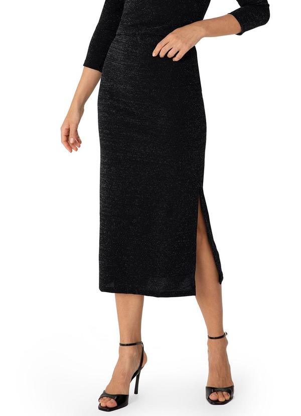 Saia Midi Reta Fenda em Lurex Preto