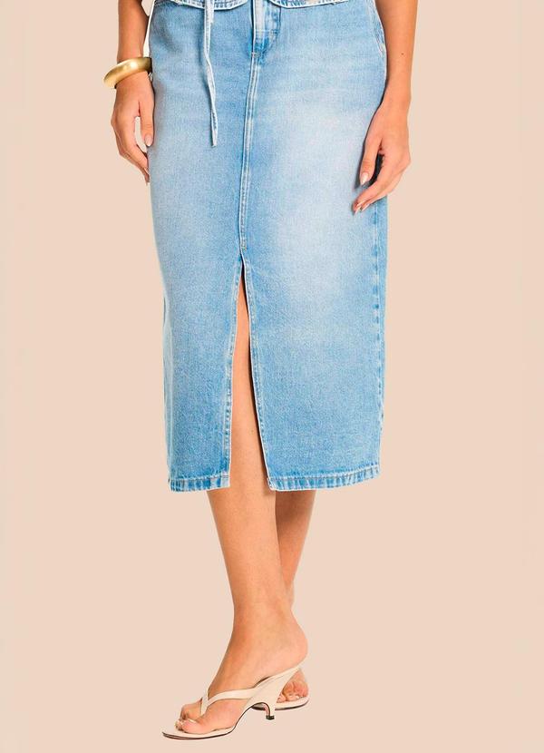 Saia Midi Reta Jeans com Fenda Miragem Azul