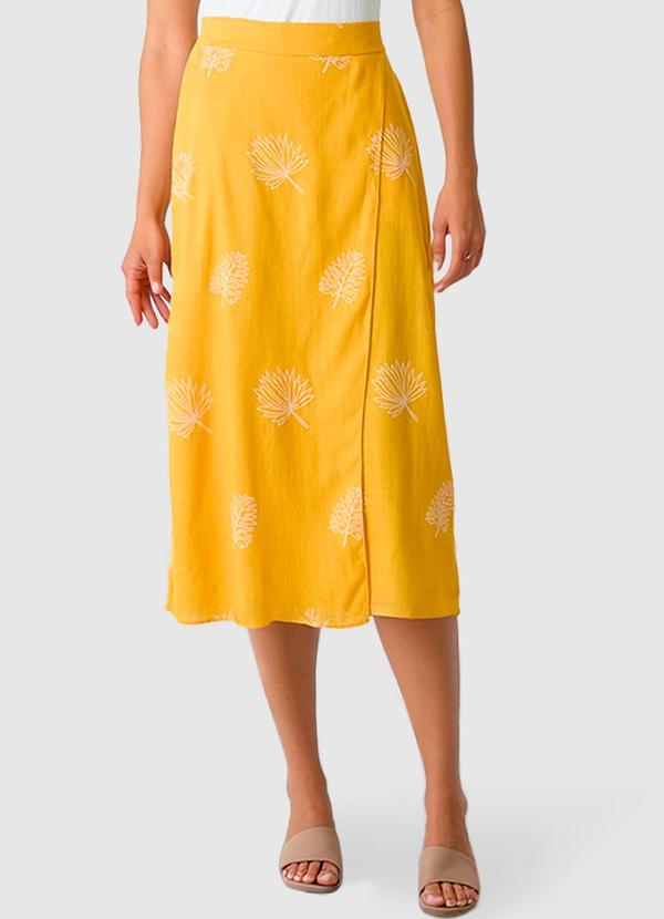 Saia Midi Tropical em Viscolinho Amarelo