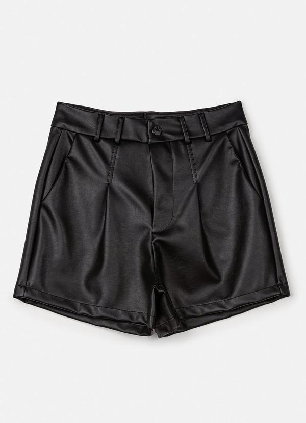 Short Fake Leather com Pregas Preto