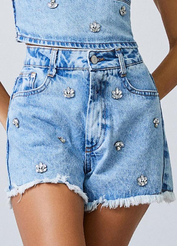 Short Jeans Trendy com Pedrarias Azul
