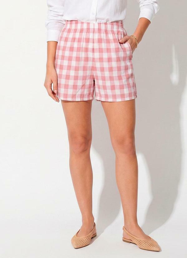 Short Vichy Rose em Tecido Plano de Poliéster