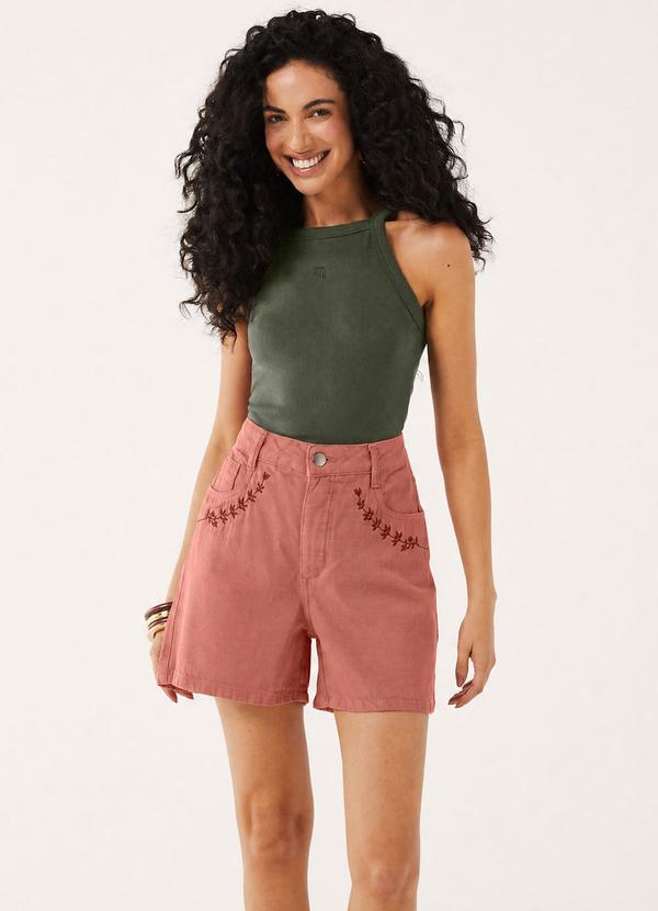 Short Feminino Sarja Bordado Floral Rosa