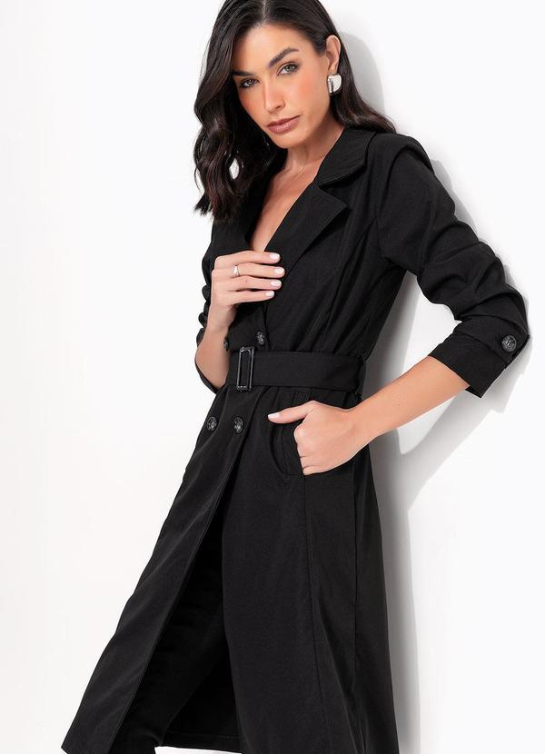 Trench Coat Preto em Tecido de Alfaiataria Sarjado