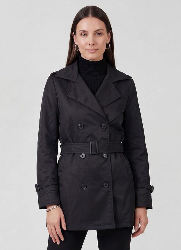 Sobretudo Feminino com Cinto e Bolsos Preto