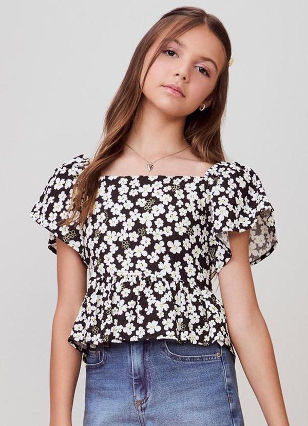 Blusa Anarrugada Floral Preto