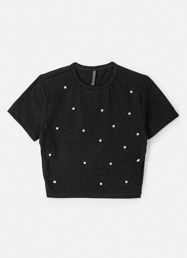 Blusa Baby Tee Preta com Pérolas Preto