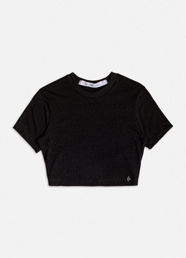 Vista 2 Blusa Baby Tee Preta com Strass Preto Authoria Authoria