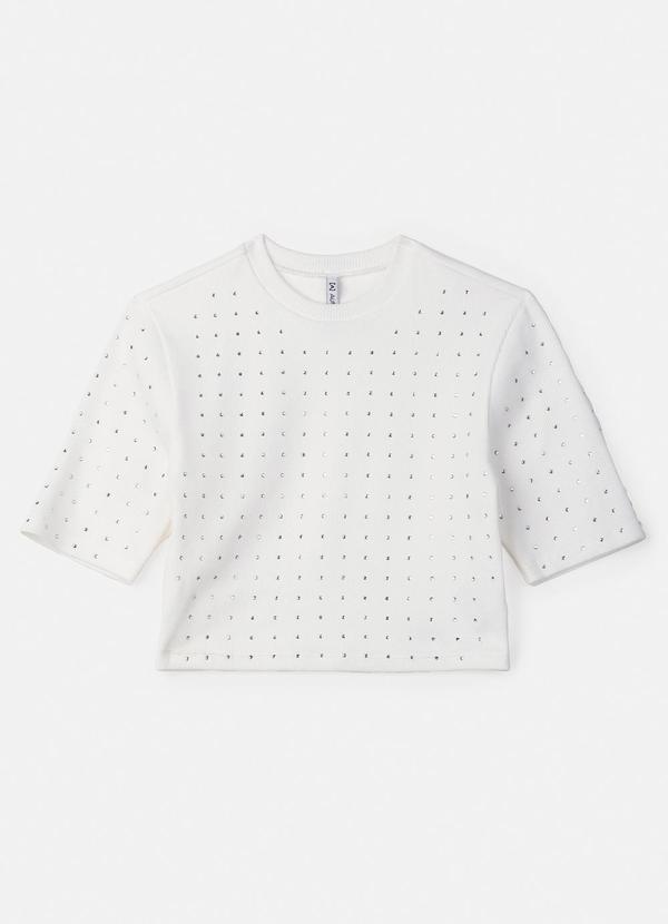 Blusa Cropped Off White com Strass Branco