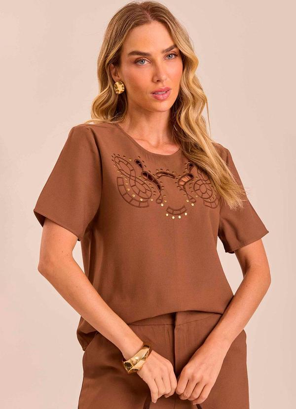 Blusa de Manga Curta em Alfaiataria Marrom