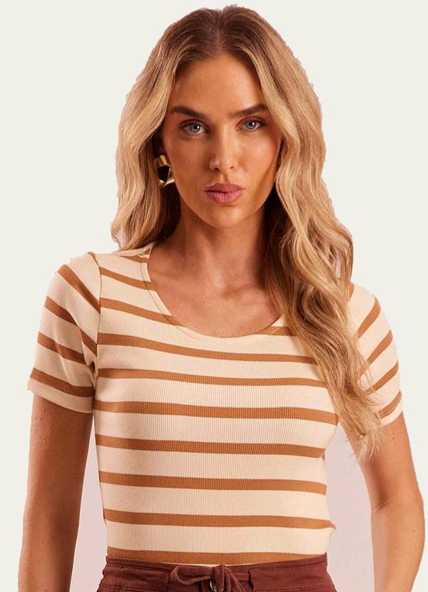 Blusa Manga Curta Canelada Listrada Duna Marrom