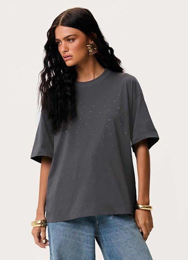 Camiseta Ampla com Aplique Cinza Chumbo