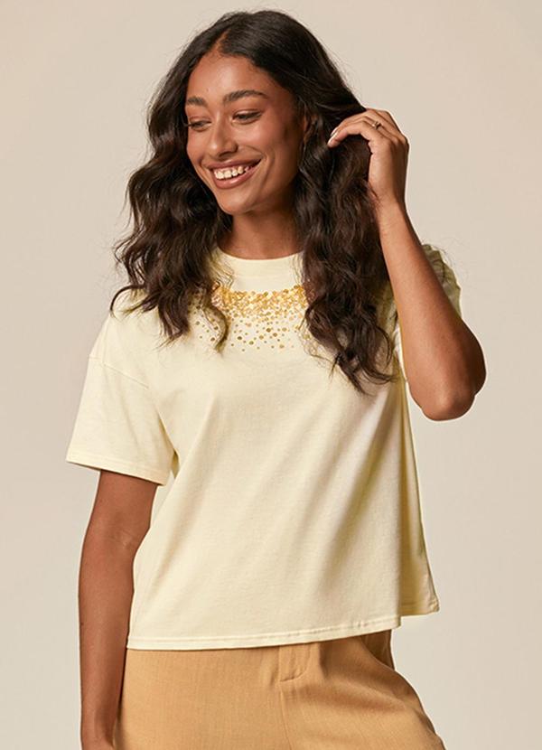Camiseta Ampla com Bordado em Paetê Off White
