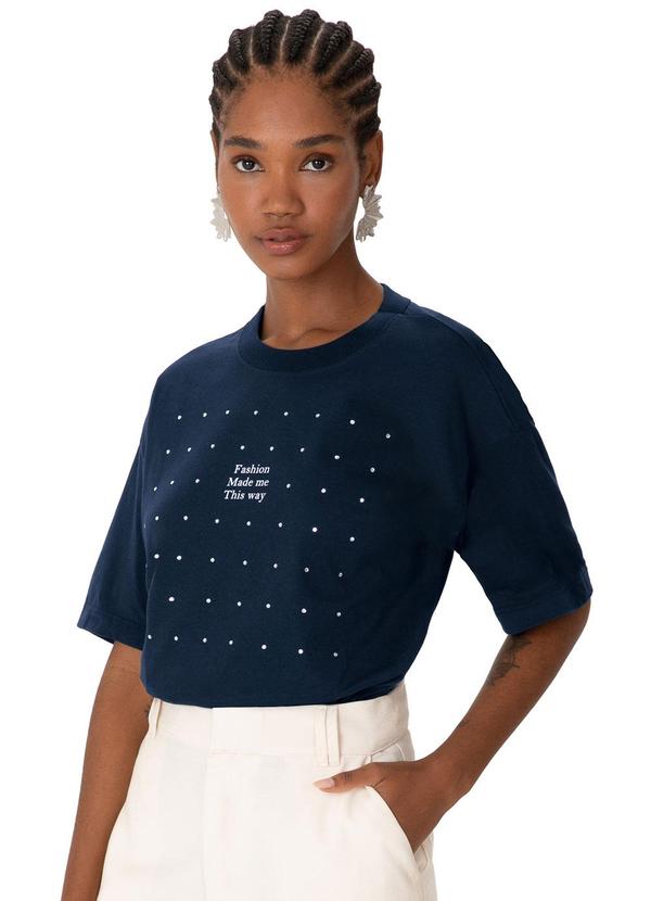 Camiseta Ampla Fashion com Strass Azul Marinho