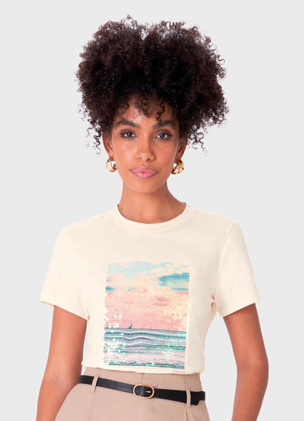 Camiseta Barco a Vela em Paetê Off White