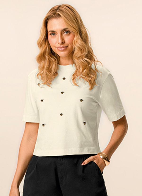 Camiseta Curta Boxy Bordado de Abelhas Off White