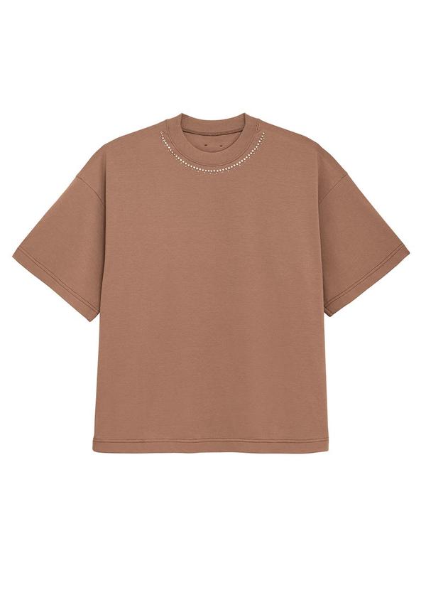 Camiseta Feminina Ampla com Pedraria Marrom