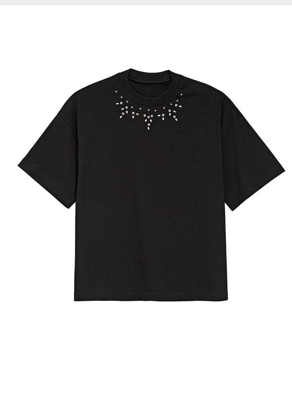 Camiseta Feminina Ampla com Pedraria Preto