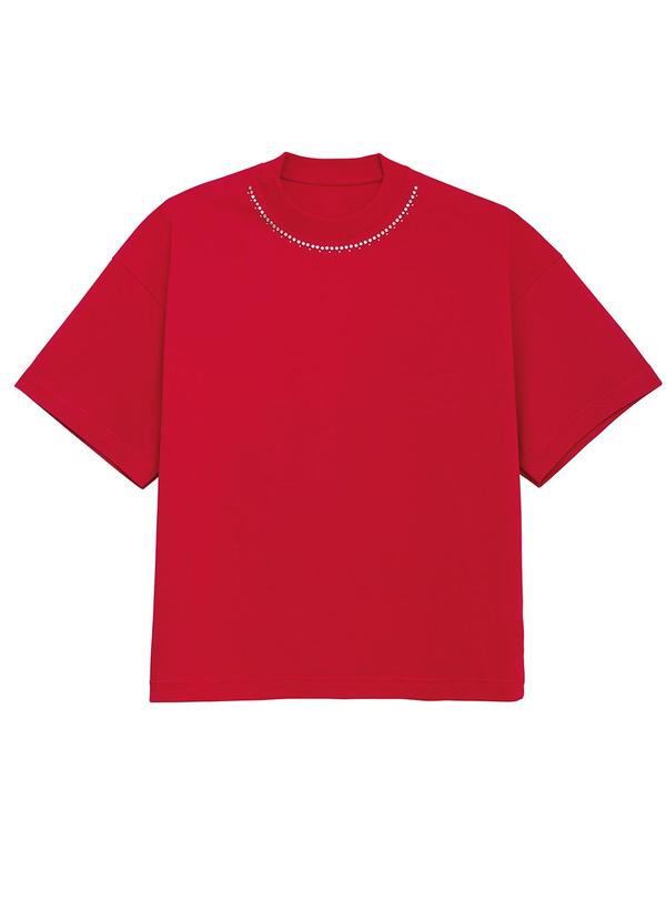 Camiseta Feminina Ampla com Pedraria Vermelho