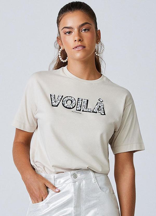 T-Shirt Bege Voilà com Pedrarias Bege